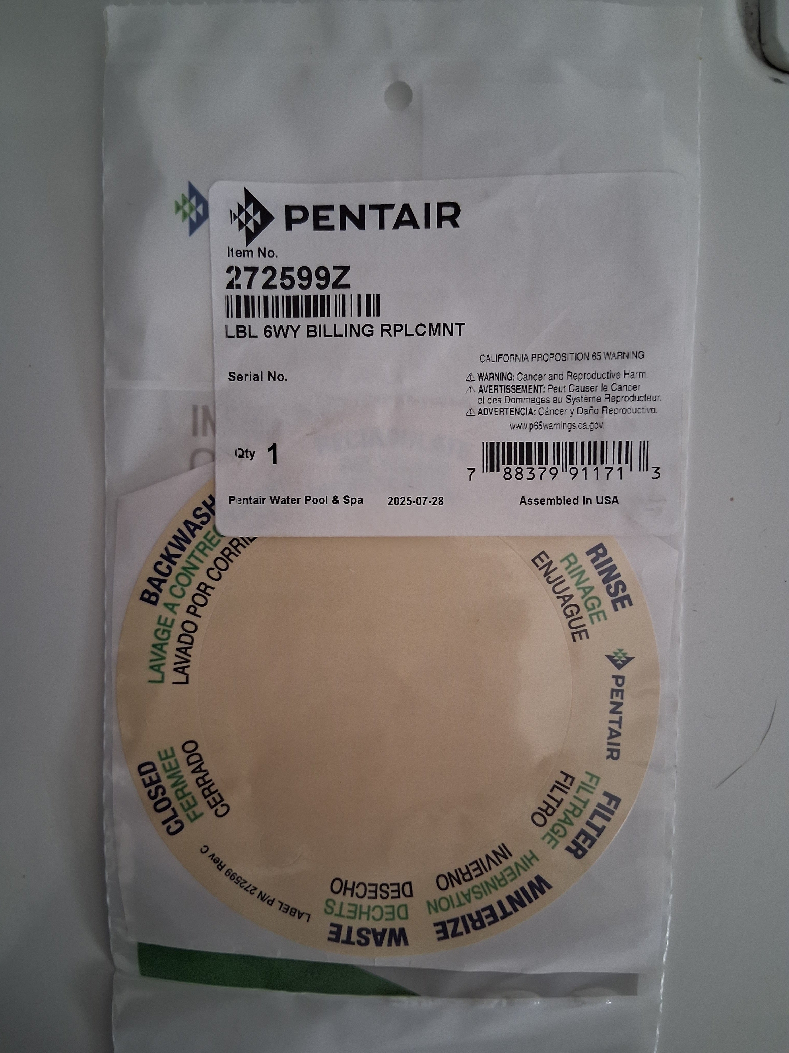 Pentair Top Mount Valve Label